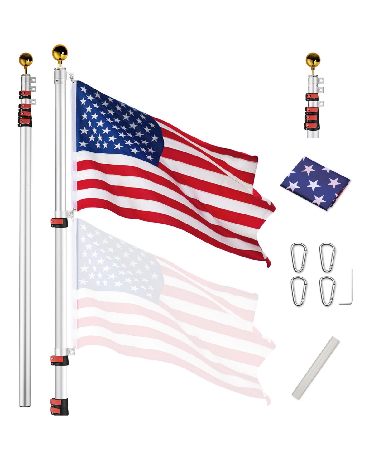 Yescom Ez Go 25Ft Commercial Telescoping Flag Pole Kit Portable Display Sign Banner Pole for Outside Hotel Business Events Advertising Flag Silver