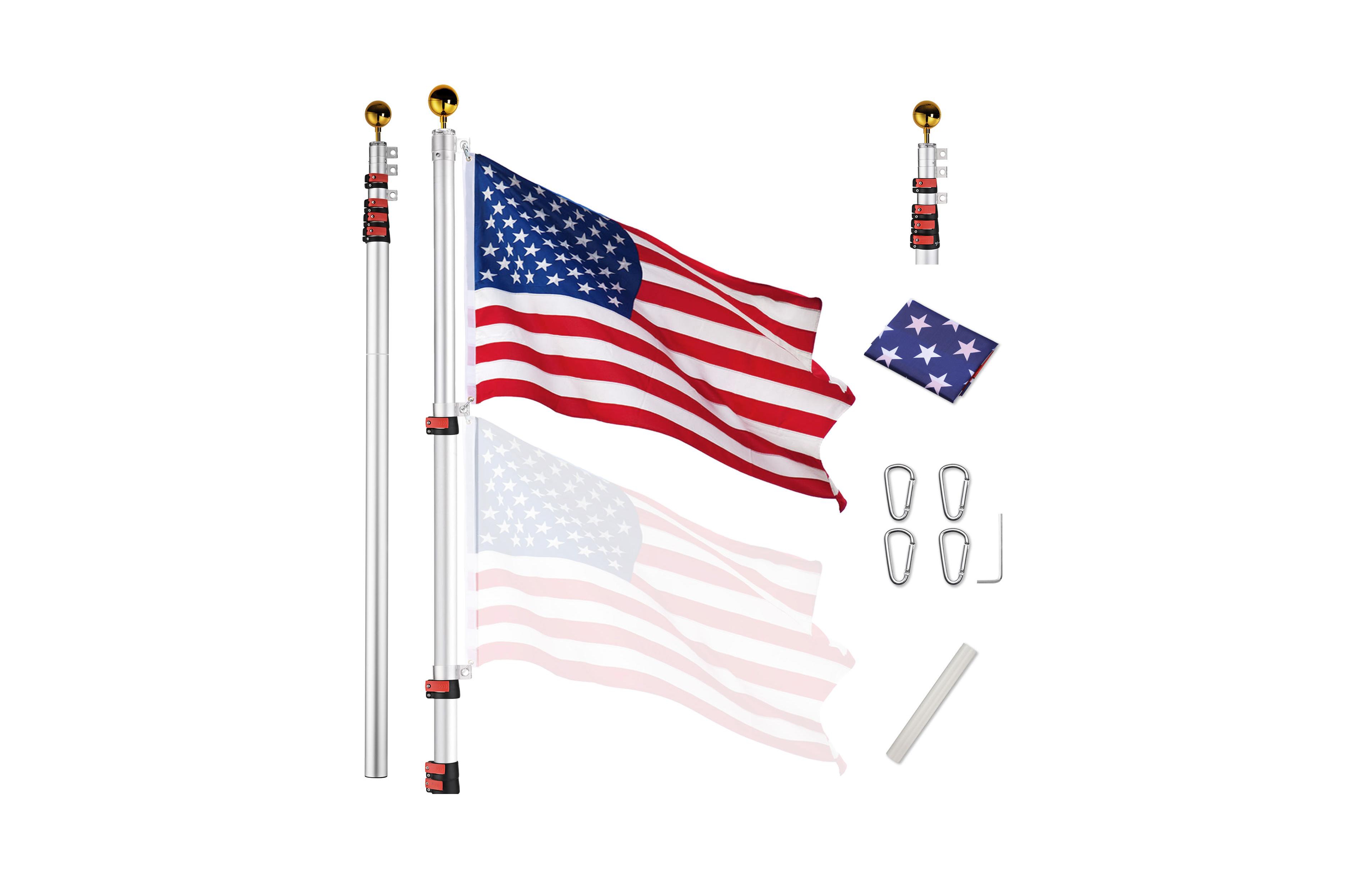 Yescom Ez Go 25Ft Commercial Telescoping Flag Pole Kit Portable Display Sign Banner Pole for Outside Hotel Business Events Advertising Flag Silver
