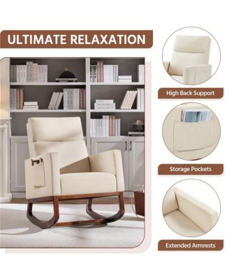 Fabric Upholstered High Back Rocking Chair with Solid Wood Legs, Side Pockets