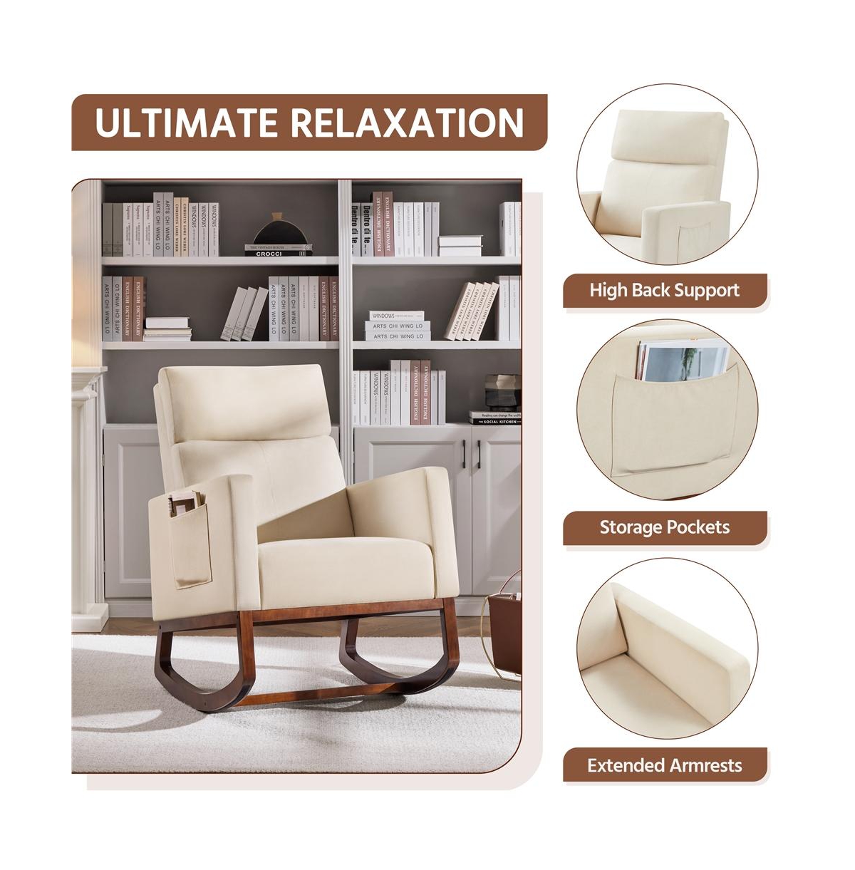 Yaheetech Fabric Upholstered High Back Rocking Chair with Solid Wood Legs, Side Pockets