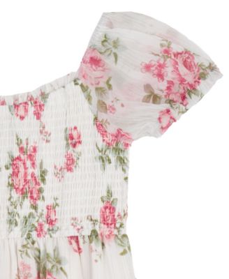 Girls' 2T-6X Twin Print Floral Chiffon Smocked Puff Sleeve Dress
