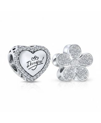 Set of 2 Words "I LOVE YOU" Crystal Accent Edge Love Heart Shape & Clear CZ Flower Shape Charm Bead Oxidized .925 Sterling Silver