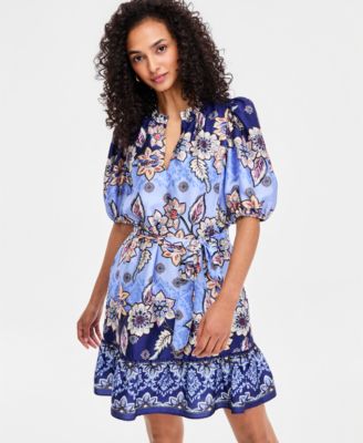 Women's Bubble-Sleeve Trapunto Sash Trap Float Dress