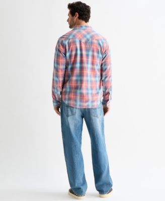 Men's Plaid Long-Sleeve Western Shirt and Long-Sleeve Football Crewneck T-Shirt paired with the 281 Baggy Clifford Jeans
