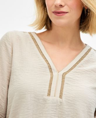 Women's Ladder-Trim Crinkle Gauze V-Neck Top