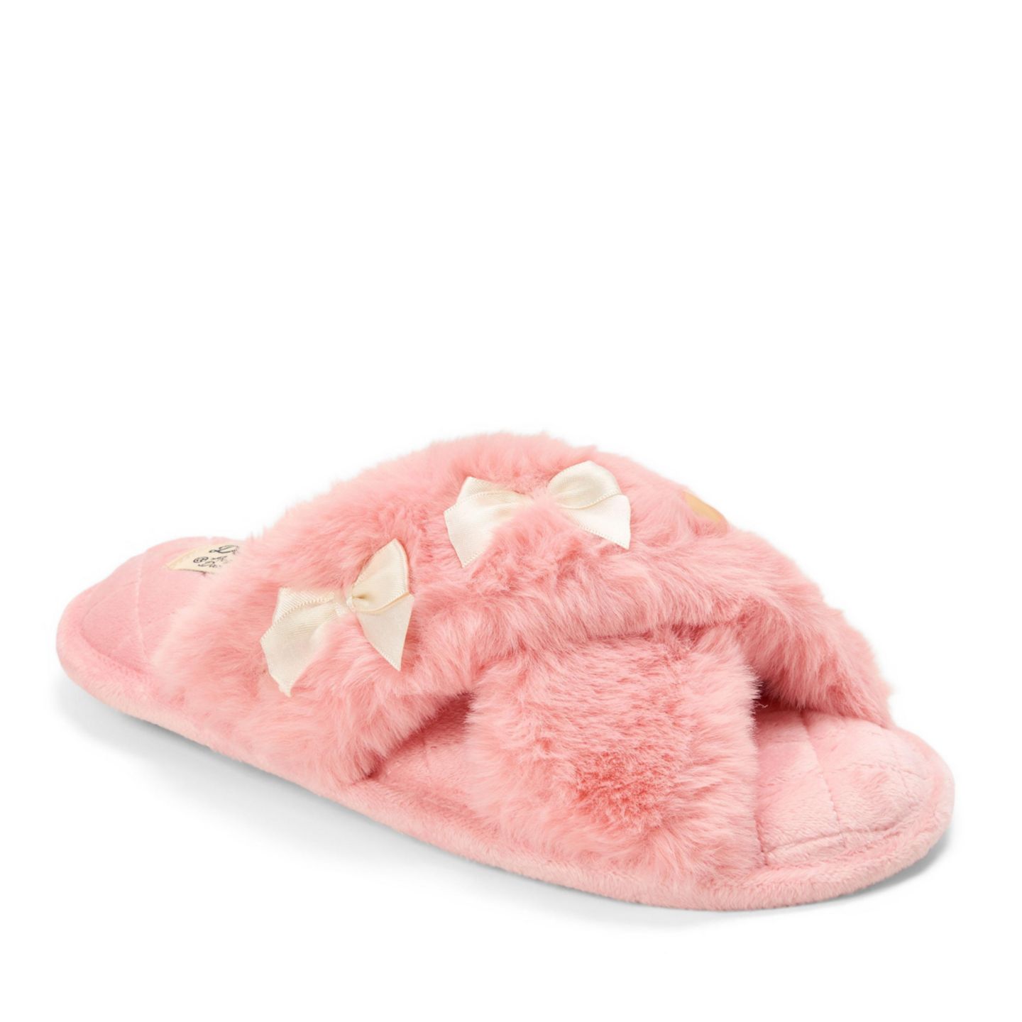 Женские тапочки Dearfoams Jessica Bows Furry Crossband Slide Slipper, цвет: Коралловый кремовый — фото 1