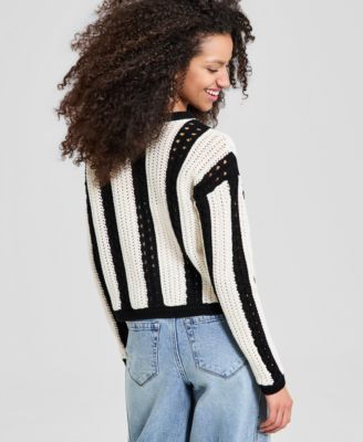 Women's Crewneck Stripe Crochet Sweater