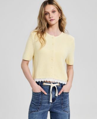 Women's Crochet-Trim Rib-Knit Sweater