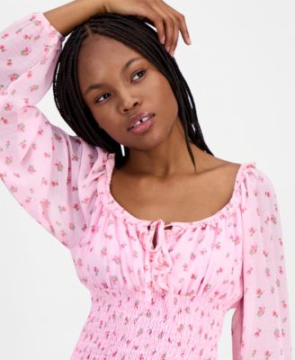 Juniors' Smocked Tie-Neck Top