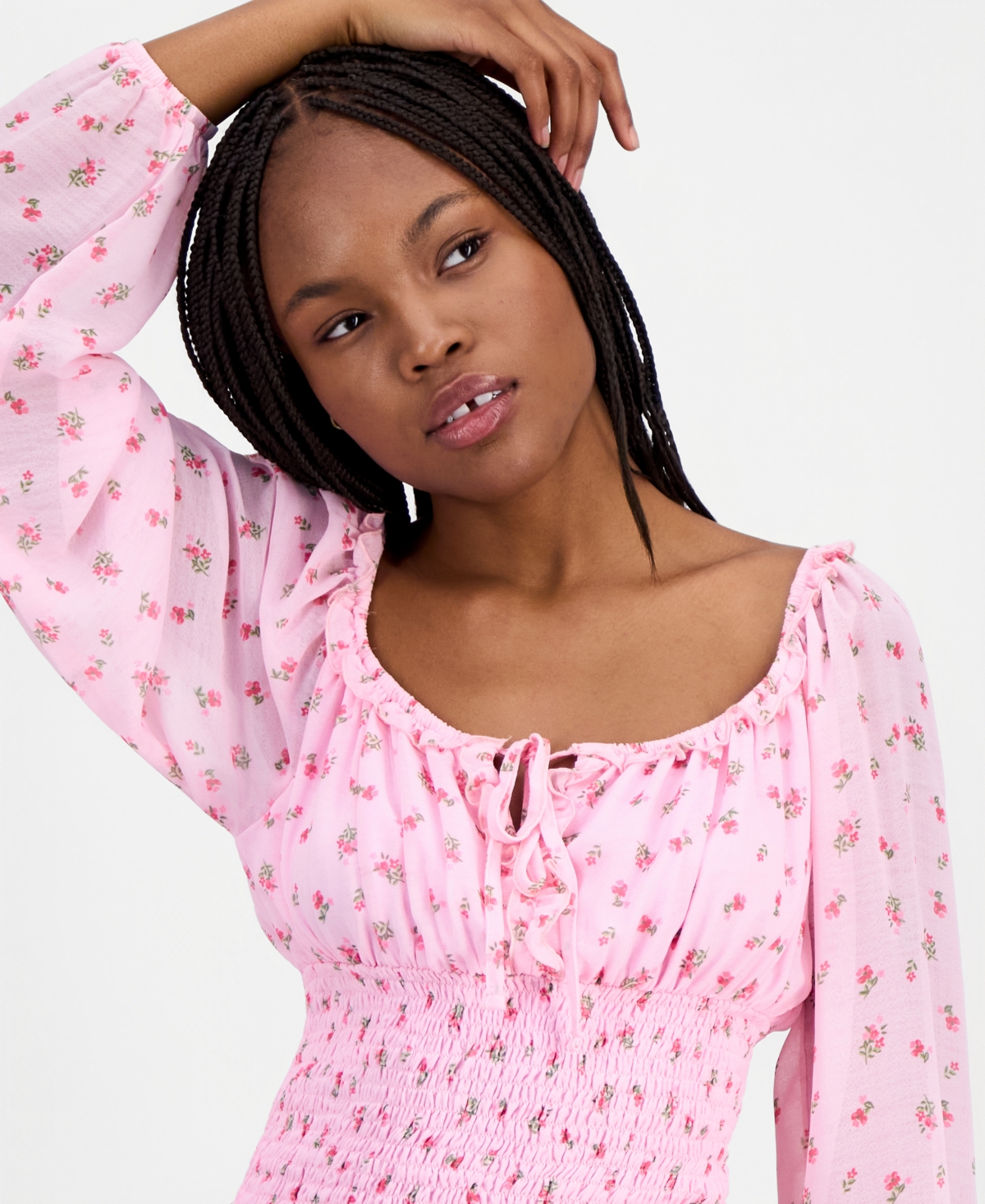 Madden Girl Juniors' Smocked Tie-Neck Top