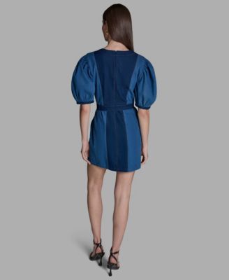 Women's Two-Tone Tie Waist Crew neck Dress