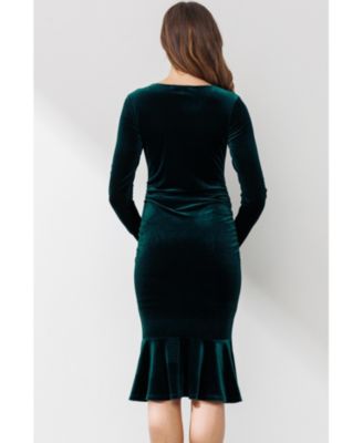 Maternity Velvet V Neck Long Sleeve Ruched Dress