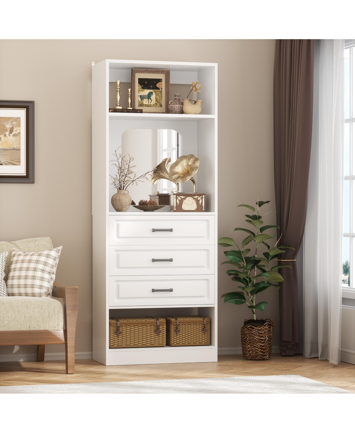 Aheaplus Mdf, Metal, Glass Freestanding Closet System with 3 Drawers, 25'' Closet Drawer Organizer with Mirror and Storage Shelves