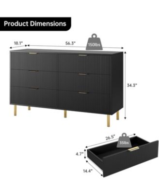 6-Drawer Modern Black Dresser, Gold Handle, Wide Double Chest, Large Drawer Storage Organizer for Bedroom, Living Room, Entryway