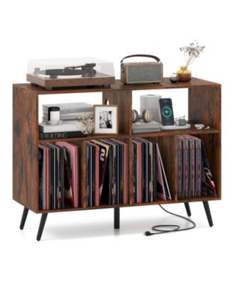 Record Player Stand with Charging Station and Open Shelves