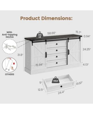 4-Drawer Farmhouse Dresser with Sliding Barn Doors, Antique White MDF TV Stand, Storage Chest, Bedroom