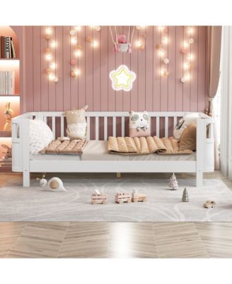Full Size Wood Platform Bed for Kids with Low Profile and Safety Rails, White (Patented Design)