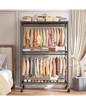 Rolling Clothes Rack, Heavy Duty Clothing Racks for Hanging Clothes with Adjustable Feet,Metal Freestanding Portable Closet