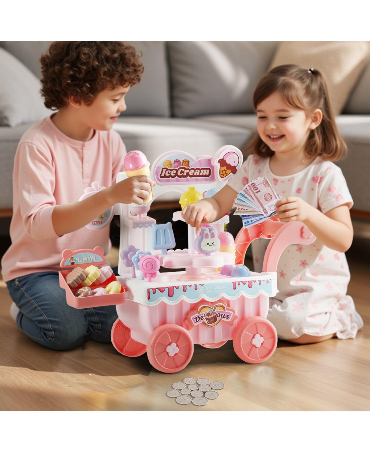 Slickblue Ice Cream Cart for Kids, 27 Pcs Accessories, Pretend Play Store with Storage Trolley with Pretend Money