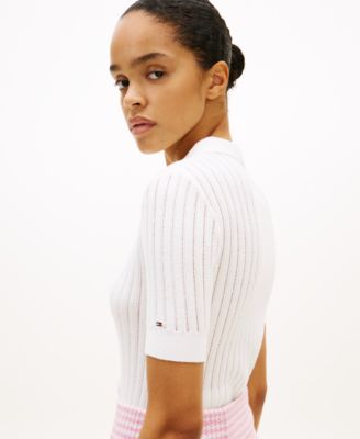 Women's Pointelle Rib Short-Sleeve Polo Sweater