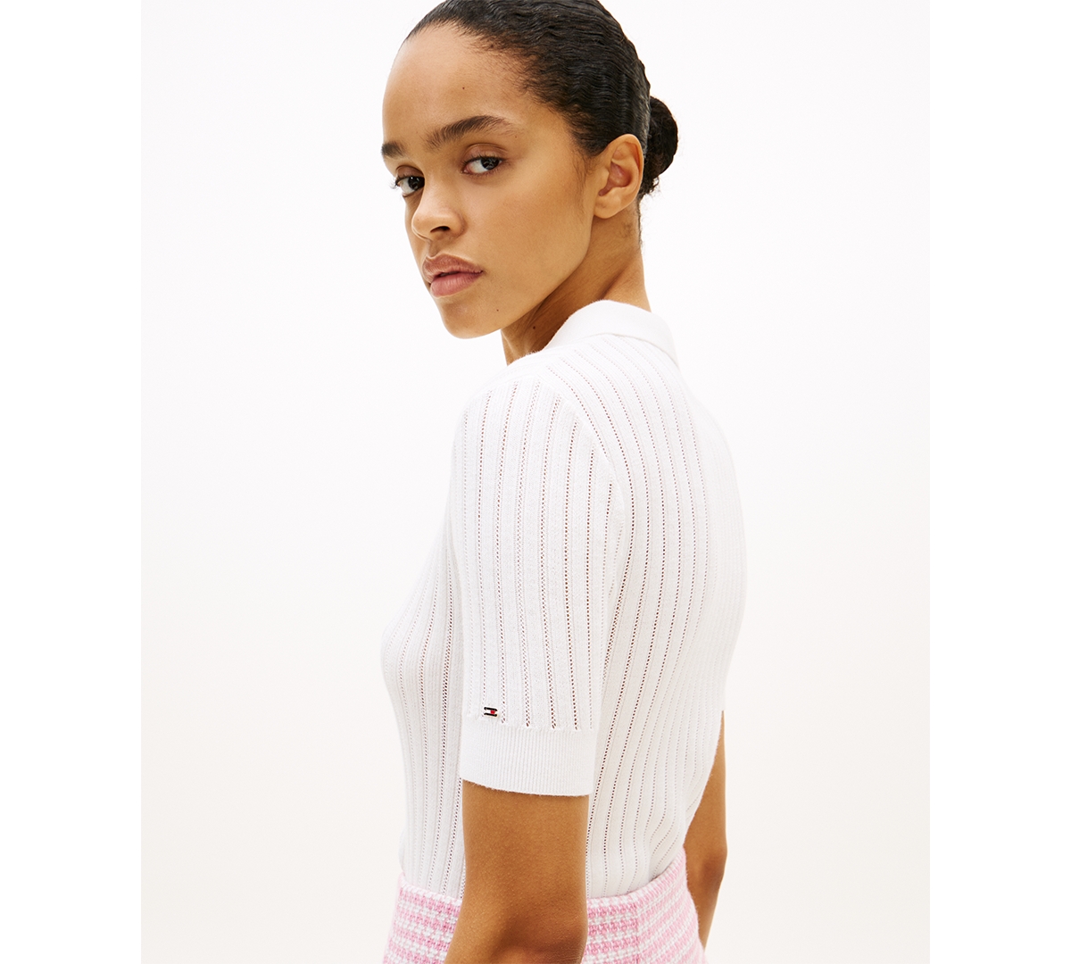 Tommy Hilfiger Women's Pointelle Rib Short-Sleeve Polo Sweater