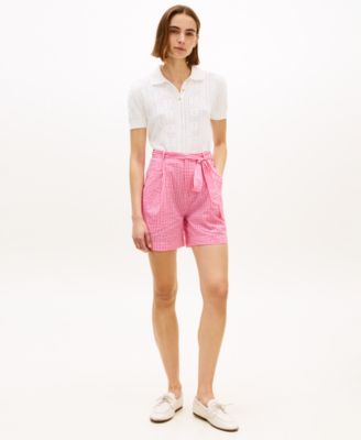 Women's Gingham Woven Belted Shorts