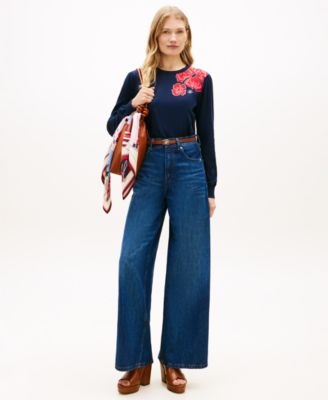 Women's Jacquard All-Over Floral Print Crew Neck Sweater