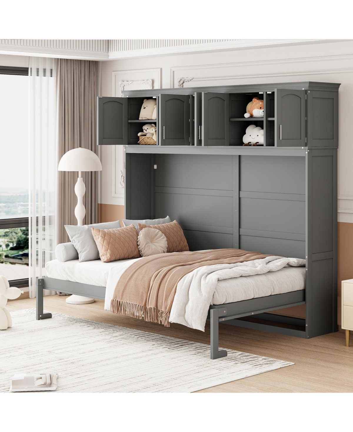 Streamdale Furniture Queen Size Murphy Bed Wall Bed with Top Cabinets,Gray