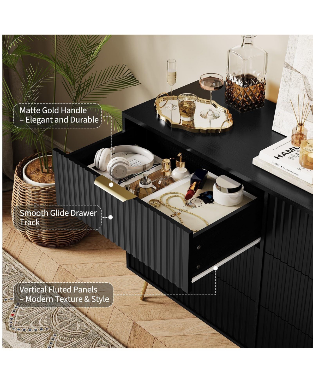Gaomon 47" Wide Modern Fluted 6-Drawer Wooden Bedroom Dresser