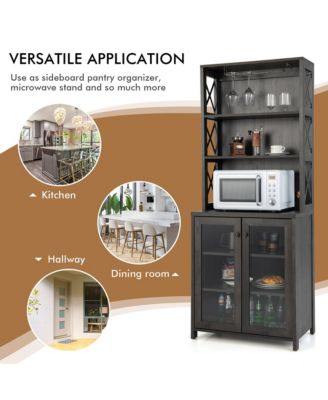 Tall Freestanding Bar Cabinet Kitchen Buffet w/ Glass Holder & Adjustable Shelf