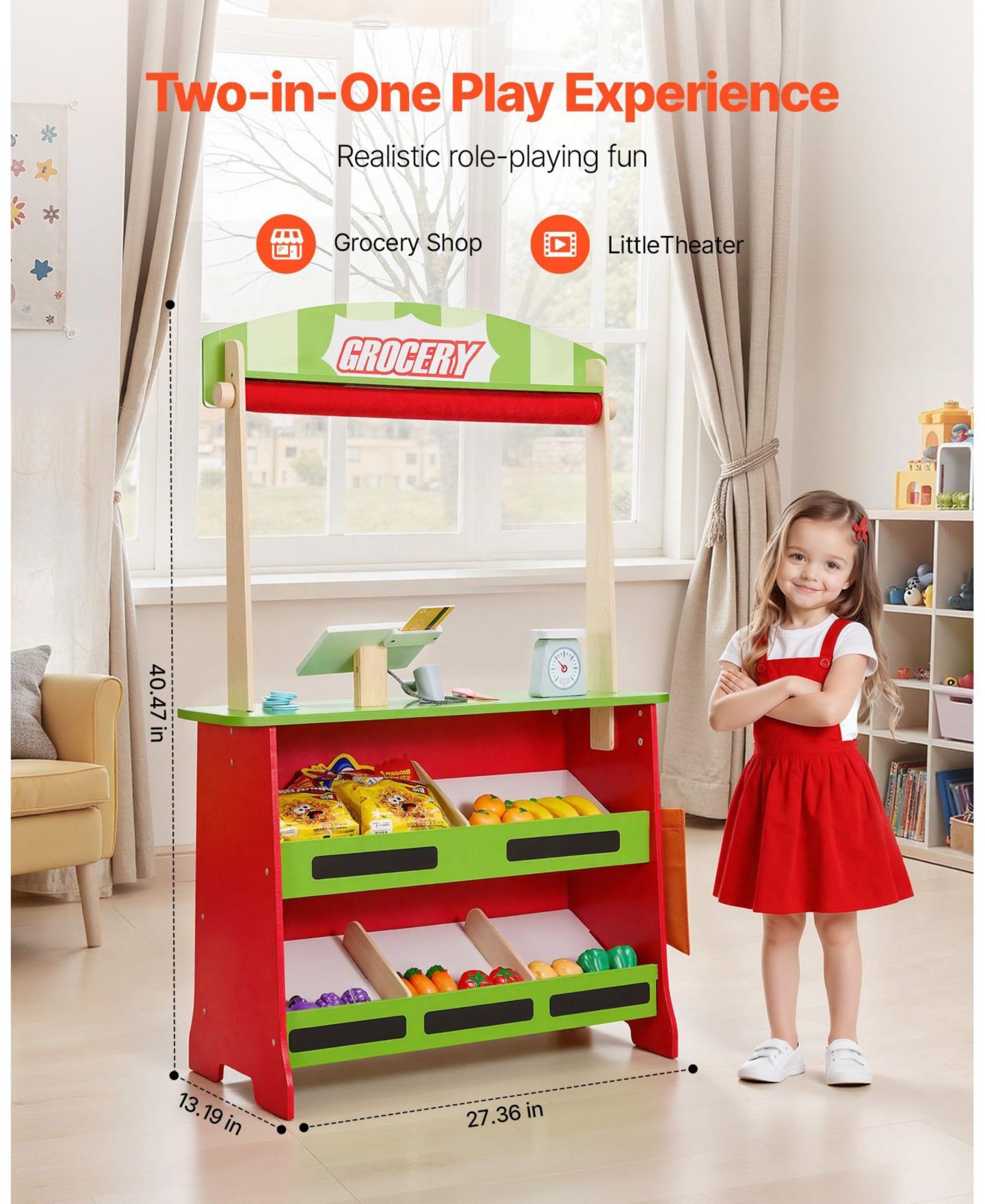 Детский игровой набор HONGGE Reversible Play Store and Theater 35-Piece Playset, Ages 3+, цвет: Красный — фото 4