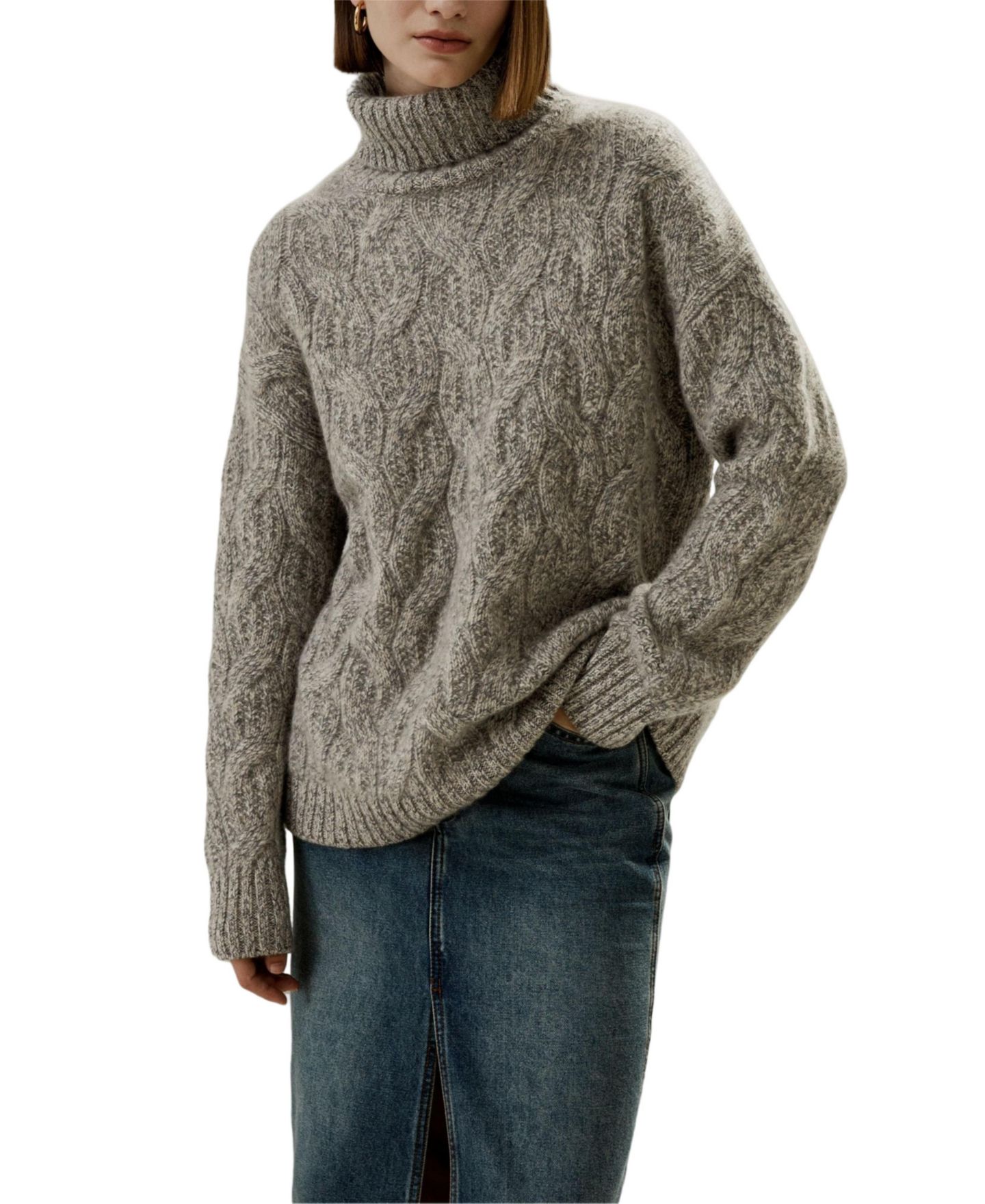 Женский свитер LILYSILK Cable-Knit Cashmere Turtleneck, цвет: Верблюжий серый — фото 1
