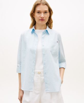 Women's Linen Roll-Tab Sleeve Collared Shirt