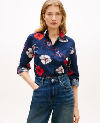 Women's Printed Button-Front Roll-Tab Shirt