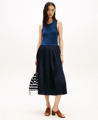 Women's Mix Media Pleated Sleeveless Midi Dress