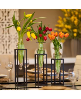 Set of 3 Clear Amphorae Vases on Square Tubing Metal Stands