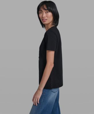 Women's Crew Neck Denim Flower T-Shirt