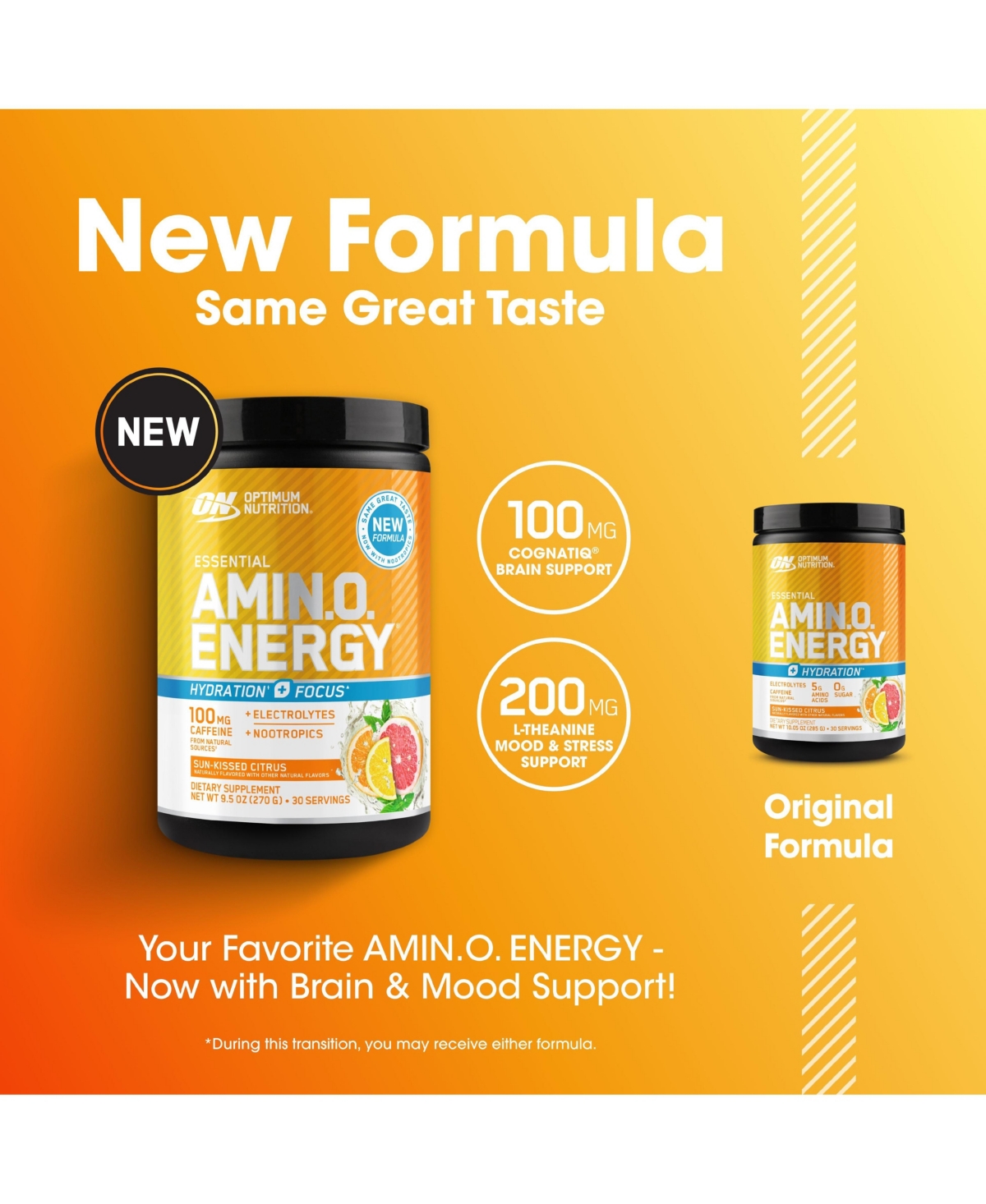 Optimum Nutrition Essential Amino Energy Hydration Plus Focus Powder, Sun-Kissed Citrus, 30 Servings