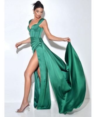Women's Zayda Green High Slit Corset Satin Gown