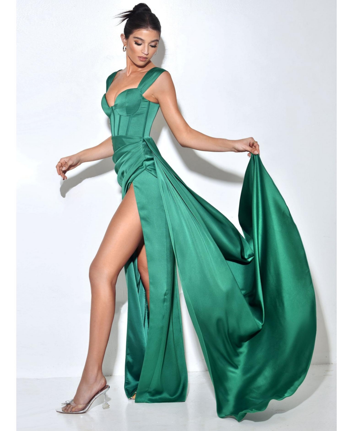 Miss Circle Women's Zayda Green High Slit Corset Satin Gown