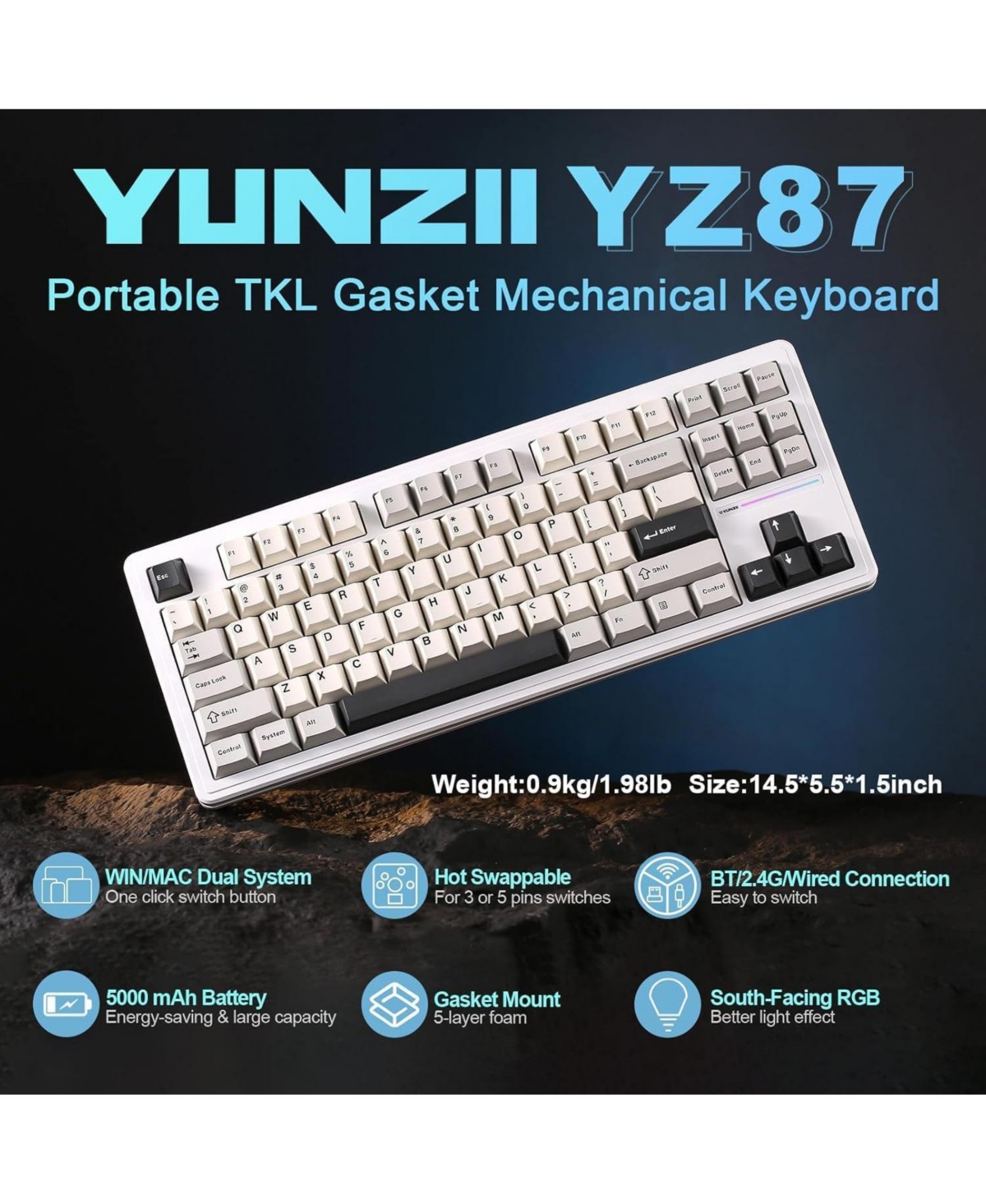 Lofree YZ87 75% Gasket Mechanical Keyboard, Tkl Wireless Hot Swappable Bluetooth Gaming Keyboard with 4-Layer Padding, BT5.0/2.4Ghz/Type-c Nkro Rgb