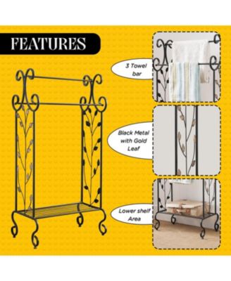 Black Metal with Gold Leaf Free Towel Rack Stand with Shelf