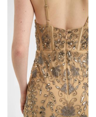 Women's Embellished Sequin Beaded Corset Maxi Dress With Deep V-Cut