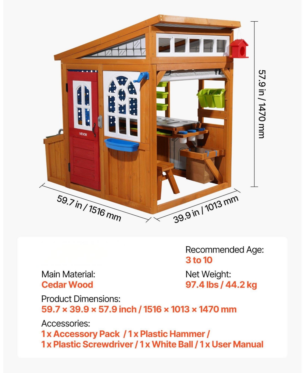 Mecale Cedar Wooden Kids Playhouse, Bird Nest, Doorbell, Storage Pocket, Windowsill, Gravity Wall Set, Ages 3-10