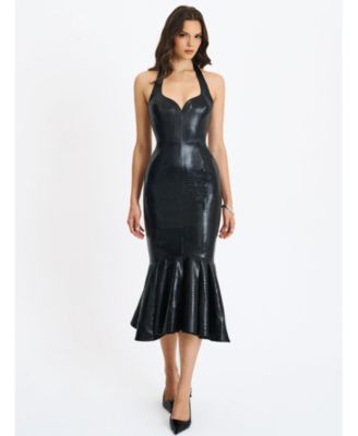 Women's Gardenia Black Leather Midi Sweetheart Halter Flared Dress