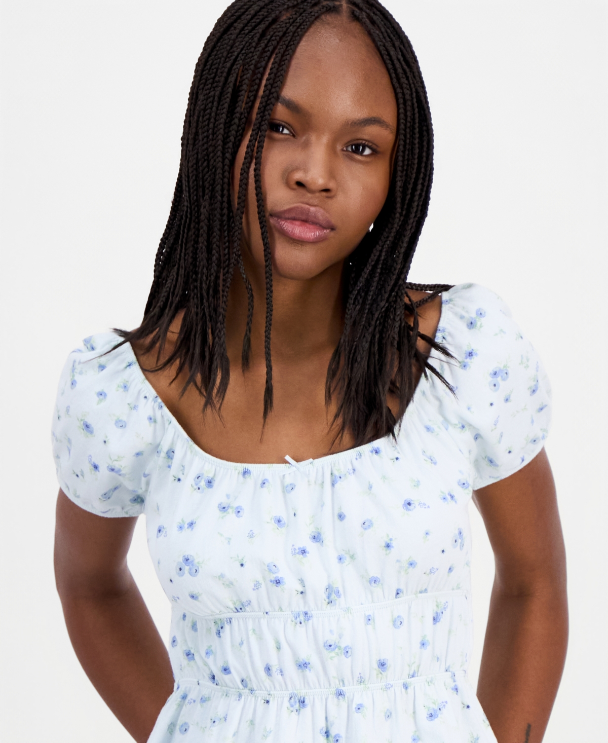 Hippie Rose Juniors' Printed Puff-Sleeve Peplum Peasant Top