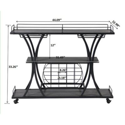 32.6'' Tall Industrial Style Rolling Kitchen Island Wine Cart with Black Finished, Fir Wood Mobile Metal Wine Bar Cart