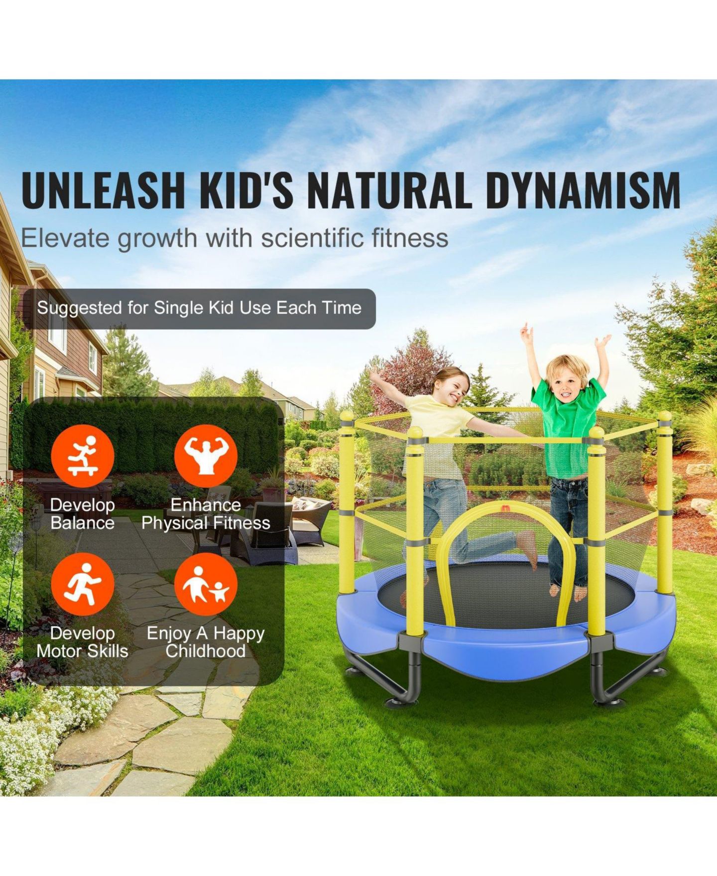Детская игрушка Mecale Kids' Trampoline, 5 ft, Indoor/Outdoor with Enclosure Net & Basketball Hoop, Ages 3+, цвет: Синий — фото 5