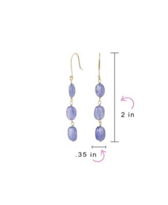 Long Linear Yellow 14K Gold Three Oval Natural Garnet Turquoise Tanzanite Dangling Earrings Fish Hook