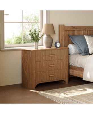 Large Nightstand with 3 Drawers Set of 2, Mid Century Modern Oversized Bedside Table, Wide Nightstand with Fluted Striped Panel